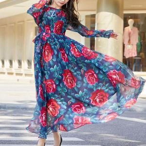 Artı boyutu elbiseler kadın giyim çiçek baskısı o yaka elbise sundress tam kol konser tatilleri plaj boho uzun vestido elbiseler