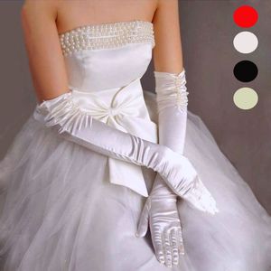 1 Pair Bride Bridal Wedding Gloves Red Black White Ivory Long Beaded Satin Elegant for Women Finger gants mariage luvas de noiva