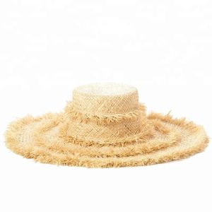 BeanieSkull Caps RH Handmade Natural Grass Hat Flat Top Wide Brim Sun Beach Raffia Straw With Tassel Decoration 231110