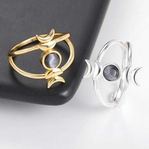 Bandringar Natural Stone Ring Gold Color Opal Moon Total Eclipse Rings Eesthetic Hollow Rings Knuckle Ring For Clothing Smycken Cessory P230411