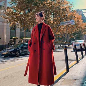 Damen Wolle Mode Einfarbig Langer Mantel Jacke Gürtel Wollmantel Split Saum Strickjacke Oberbekleidung Koreanische Frauen Herbst Winter Lose