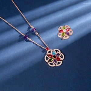 Collana Orecchini Set Collezione Designer Gioielli di fascia alta Donna Lady Intarsio Colorato Zircone Fiore rotondo Ciondolo Anello color oro rosa placcato