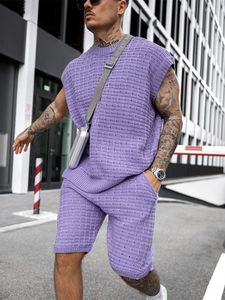 Herrespår 2023 Summer Men Fashion Outfits Knickad fast färg Löst kostym Två stycken Set Mens Casual O Neck Pullover and Shorts Suits
