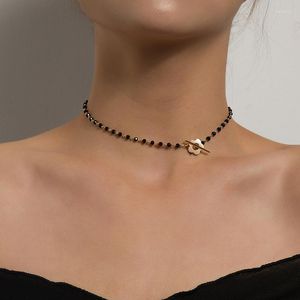 Anhänger Halsketten Einfache Damen Halskette Persönlichkeit Koreanischer Stil Schwarz Geometrie Zirkon Gold Farbe Halskette Set Für FrauenTrendy Retro