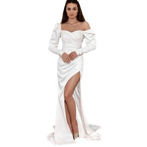 SoDigne Satin Mermaid Wedding Dress With Detachable Long Sleeve Vestido de novia Side Split Sexy Bridal Dress Party Gown
