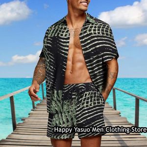 Men's Tracksuits Summer Men Leaf Print Shirt Shorts Set Hawaiian Vacation Male 2 Pieces Fashion Trend Tracksuit Casual Outfit Clothing