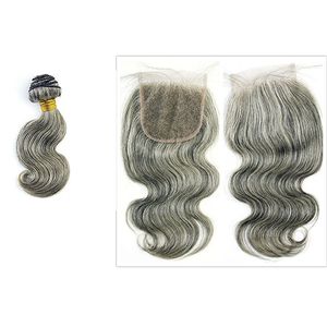 Short gray body wave human hair weaving bundles silver grey hair extension salt and pepper natural grey weft 100gx2/pack with 4"*4"lace closure bunldle 10"