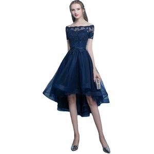 네이비 블루 레이스 아플리케와 함께 이브닝 드레스 짧은 앞쪽 긴 백 파티 드레스 무도회 드레스