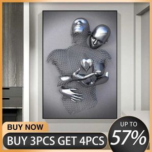 Paintings 3D Love Heart Grey Art Painting on Canvas Metal Figure Statue Art Posters and Prints Wall Pictures for Living Room Home DecorL231111