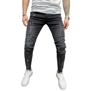 Męskie dżinsy malowane męskie szczupłe, szczupłe dopasowanie proste rozryte plisowane plisowane dżinsowe spodnie dżinsowe ołówek do joggingu