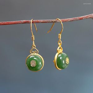 Brincos de bloqueio natural Hetian Jasper redonda Double alegria palavra para mulheres retro estilo chinês Engajamento de casamento Jóias de prata Presente