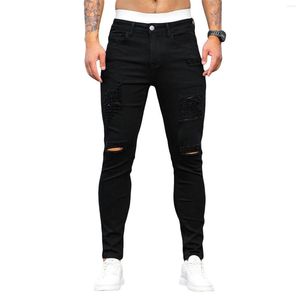 Men's Pants Men Skinny Ripped Denim Pant Low Rise Solid Color Pencil Tapered Leg Distressed Jeans Motorcycle Biker Trousers