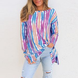 Damen T-Shirts Tie Dye Striped Casual Long Shirt Herbst Plus Size Damen Candy Color Print Sleeve T-Shirts 3XL 4XL 5XL Tops Femme