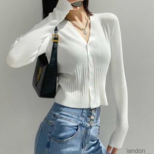 American V-neck knitted cardigan women's autumn winter elastic single breasted sweater hot girl high waist short navel revealing top