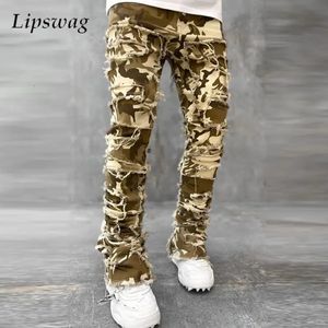 Męskie dżinsy streetwear jesienne męskie spodnie dżinsowe Y2K Kamuflaż wydrukowany Slim Fit Straight Dżinsy Mężczyzny Slim Fit Puste zerwane Jean 231110