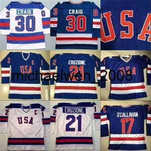 Weng 1980 Miracle On Ice Hockey-Trikot Nr. 17 Jack O'Callahan Nr. 21 Mike Eruzione Nr. 30 Jim Craig Herren-Hockey-Trikots aus 100 % genähtem Team USA-Blau