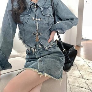 Kvinnors spårdräkter 2023 Spring Autumn Long Sleeve Street Denim Jacket Top Set Short Sexy Women's Kjol Two-Piece