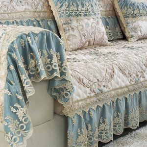 Chair Covers Pale Blue Luxury Linen Cotton Sofa Cover Jacquard Lace Splicing Modular Slipcovers Non-slip Towel Pillow Case