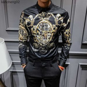 Camisas casuais masculinas 2019 camisas de impressão de ouro preto homens barroco slim fit Party Club Camise
