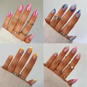 False Nails 24pcs/Box Press On Full Cover Manicure Tool Nail Tips French Short Ellipse Fake Almond Wearable