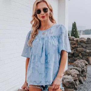 Women's Blouses Summer Lace Tops Casual Loose Female Cute Flowy Shirts Blouse Floral Textured Babydoll Crewneck