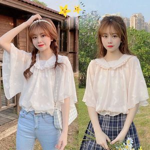 Blouses femininas Lolita Fashion Shirt Student Student Girl Casual Loose Batwing Manga Sólida Dollar Blusa Chiffon Tops Short Tops Summer