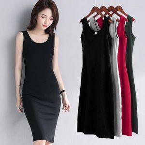 Casual Dresses Sleeveless T-shirt Dress Solid Simple Style O-neck Basic For Women Elegant Clubwear Evening Black Vestidos 2023