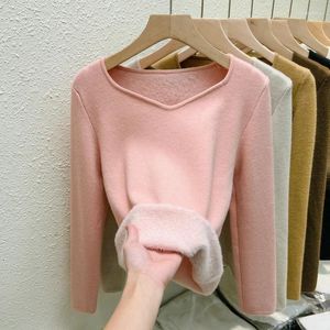 Kadın Sweaters Sıradan V yaka polar kalın örgü moda sıcak kadife kazak kadınlar 2023 Sonbahar Kış Ofis-Lady Uzun Kollu Üstler 29779