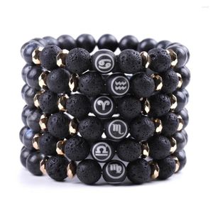 Braccialetti con ciondoli 10 mm Dodici costellazioni Reiki Cristallo naturale Nero Glitter Pietra Olio vulcanico Bracciale sano Bracciale rigido