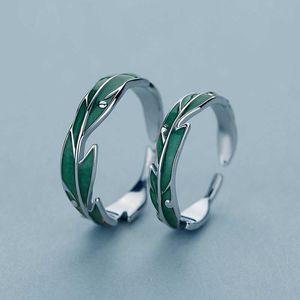 Band Rings Sweet Simple Irregular Green Leaves Couple Ring For Women Lover Silver Color Open Resizable Rings Romantic Wedding Jewelry P230411