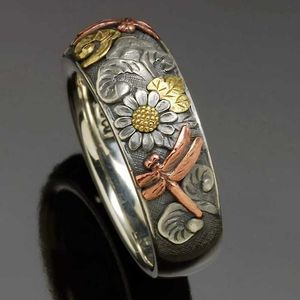 Bandringar Vintage Silver och Rose Gold Color Carved Dragonfly Sunflower Ring unika metallblommor Kvinnor Engagement Party Ring Smycken P230411