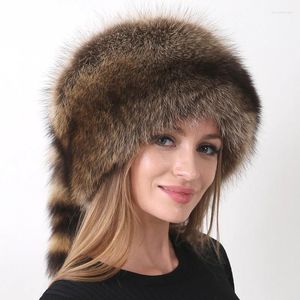 Boinas chapéus de inverno para mulheres com cauda fofa de guaxinim natural peles ao ar livre chapéu redondo de neve ao ar livre
