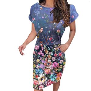 Casual Dresses Summer For Women Clothing 2023 Elegant Floral Short Sleeve Dress slips midja med fickor sundress formellt tillfälle