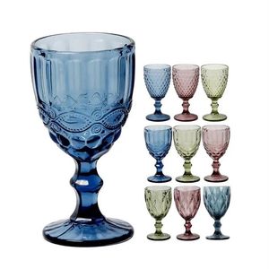 10oz Wine Glasses Colored Glass Goblet with Stem 300ml Vintage Pattern Embossed Romantic Drinkware for Party Wedding Mugs FY5509260o