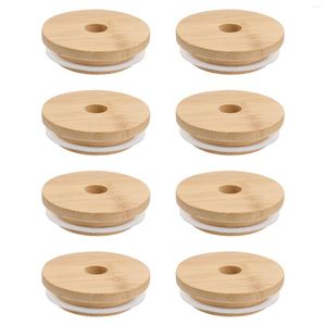 Dinnerware Sets 8 PCs Mason Jar Bamboo Lid Cup Small Glass Jars Tumbler Canning Lids Wooden Cover
