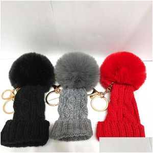 Mini chapéu de malha chaveiros hairball pompom chaveiro saco pingente de carro criativo presente fio chave entrega gota dhd4f