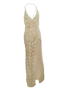 Sukienki swobodne kobiety S Calter Bodycon Maxi Sukienka Sparkle cekinowa bez rękawów bez pleców wysoko podzielone niskie odcięte balowe suknia balowa