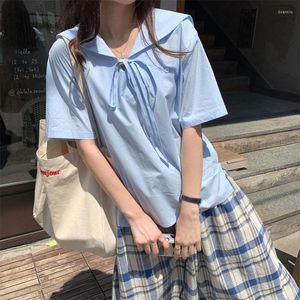 Koszule damskie 2023 Kobiety Summe Sweet Sailor Collar Lace-Up Kurwa-Up Shirt Chic Lose Preppy Style T-shirt Woman Casual Blusa