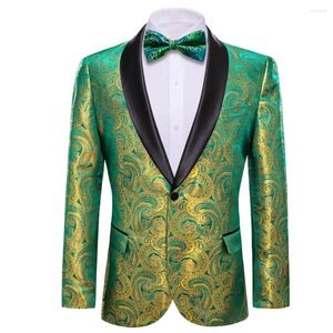 Men's Suits Luxury Men Silk Blazer Green Paisley Bowtie Set Business Casual Slim Fit Male Jacket Coat Barry.Wang