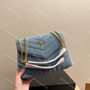 2023 Loulou Designer Bolsa Feminina de Qualidade Original Azul Denim Envelope Bolsa Estilo Britânico Moda Luxo Moda Corrente Corrente Bolsa Tiracolo Mochila Mochila