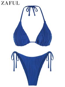 Kadın Mayo Sırtsız Üçgen Mayo Yular Top High Cut Thong Bikini Set Dokulu Kravat Yan Mayo Katı 2023 230411