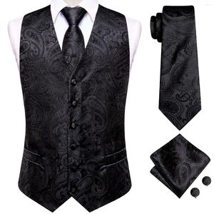 Coletes masculinos balck paisley negócios seda jacquard gravata lenço abotoaduras sem mangas terno colete define designer hi-tie