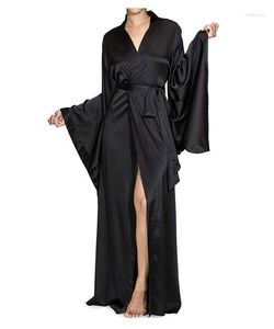 Women's Sleepwear Solid Robes Women Black Red Long Sleeve Nightgown Ladies Girls Silk Satin Smooth Spring Lace Female Bathrobe