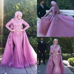 Fuchsia Muslim Mermaid Wedding Dresses with Detachable Train 2023 Lace Applique High Neck Hijab Saudi Arabic Bridal Gowns