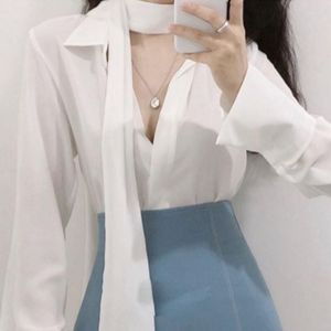 Damen Blusen Frauen Soft Office Lady Oversize Tops Schwarz Weiß Blau Langarm Sommer Bogen Chiffon Korean Fashion Shirts 2800