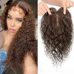 Curly Clip in Human Hair Toppers Seamless Hairpiece Toupee for Women Thick Silk Base Topper for Thicking Hair brown natural black 6x6" large base long topper