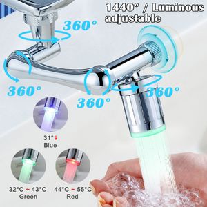Badrums duschhuvuden LED 1440 ° Rotation Faucet Extender Metal Koppar Temperaturkänslig 3Color Universal Connector för kök 230411