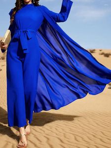 Ethnic Clothing Cardigans Dubai Islam Open Abaya Turkish Modest Outfits Solid Color Jumpsuit Fashion Blue Ramadan Eid Muslim Sets