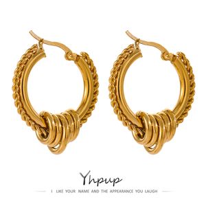 Hoop Huggie Yhpup Stainless Steel Round Unusual Jewelry Stylish Gold PVD Plated Twisted Huggie Earrings Joyeria Acero Inoxidable Mujer 230411