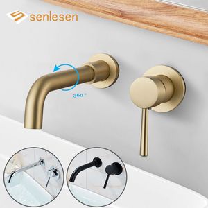 Bathroom Sink Faucets Basin Brushed Golden Concealed Wall Mounted Tap 360 Rotation Single Handle Cold Water Bath Mixer 230410